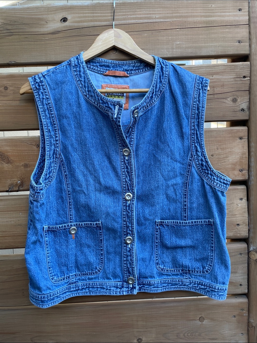 Vintage Leonard Sport Collarless Denim Vest - Size 12 Medium Wash